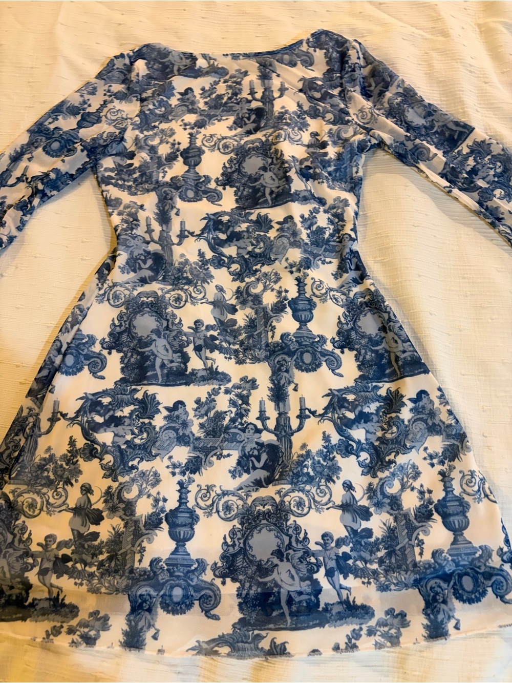 Blue and White Toile Long-Sleeve Women's Dress